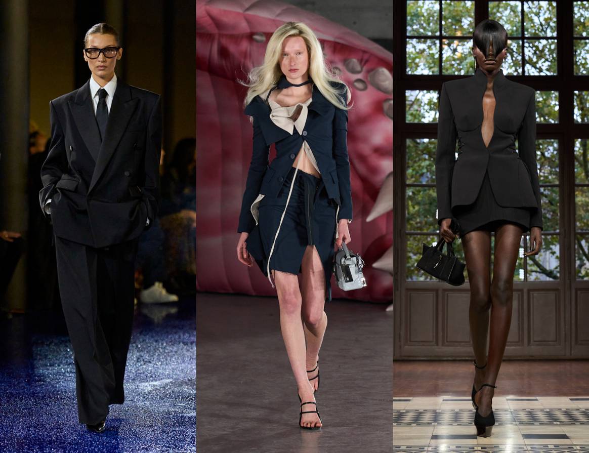 Office Siren en las pasarelas: Bella Hadid en el desfile de Yves Saint Laurent SS25, Ottolinger SS25 y Mugler SS25.