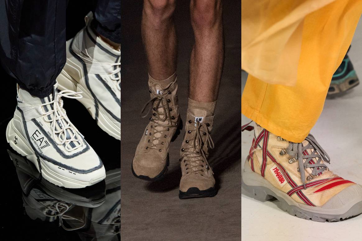 SS24 men's footwear trends. (From left) Emporio Armani, MSGM and
Magliano.