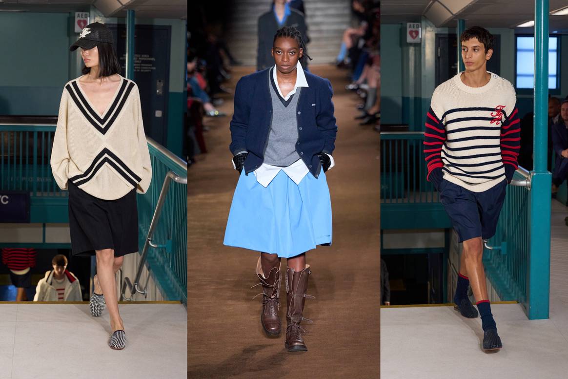 En los extremos Hilfiger SS24 y en el centro Miu Miu FW24.