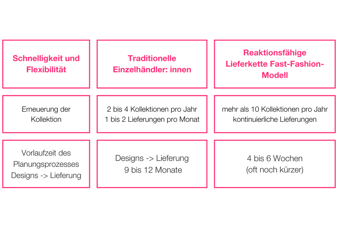 Die größten Unterschiede zwischen Fast-Fashion-Anbietern und traditionellen Unternehmen. Quelle: TMO, über den Bekleidungsökonomen Rens Tap vom Handelsverband Modint (2015).