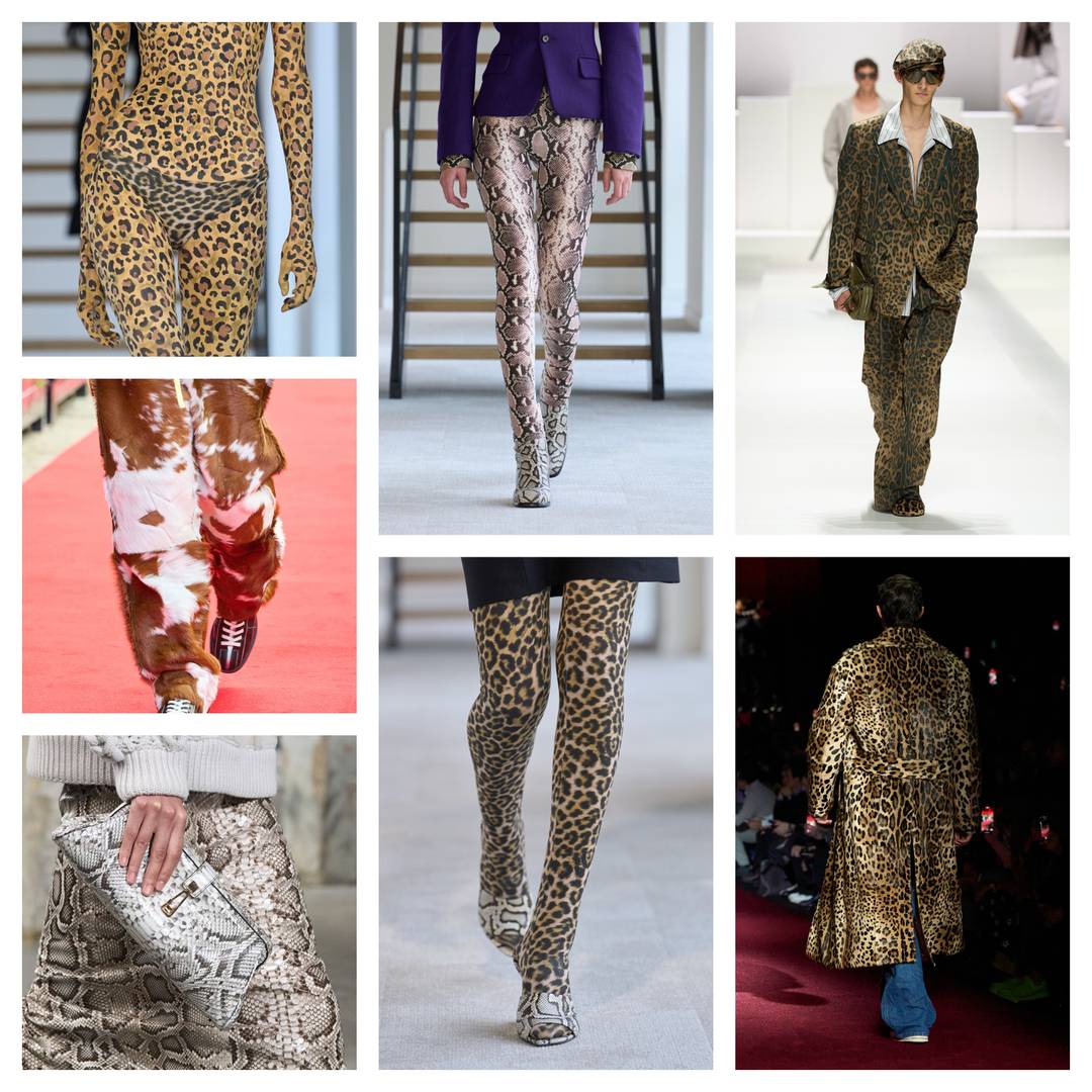 Dierenprints: Duran Lantink FW25 (3x) de kousen en handschoenen foto, Gabriela Hearst FW25 Ready to Wear handtas in pythonprint, Dolce&Gabbana SS26 Menswear & Dolce & Gabbana FW25 menswear en Kenzo SS26 Menswear harige koeienprint broek.