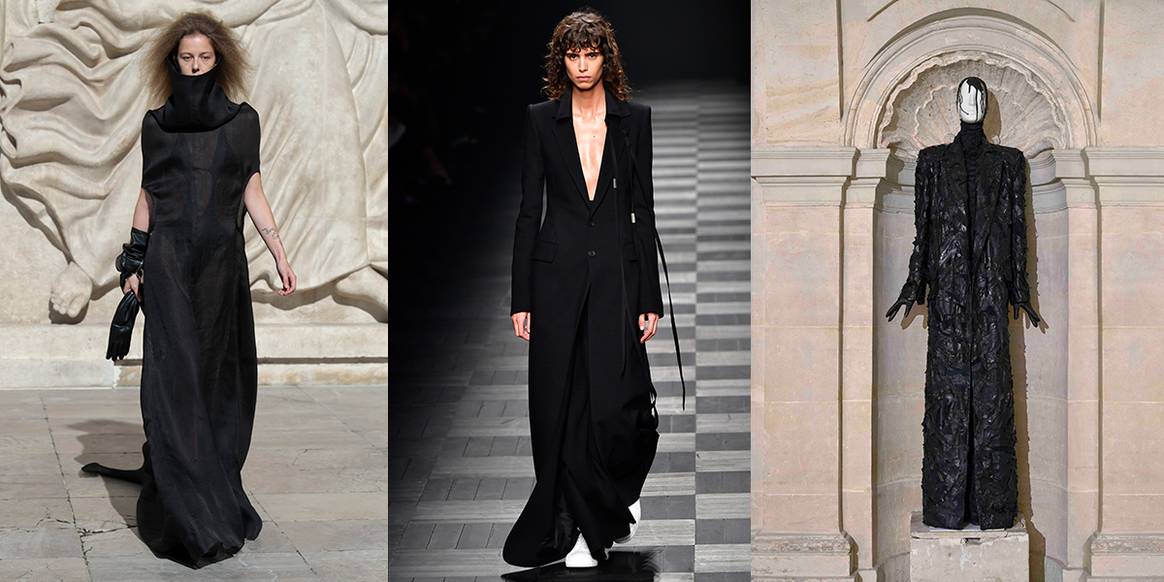 Moda de color oscuro. Créditos f.l.t.r: Rick Owens SS22, Ann Demeulemeester FW22 y Olivier Theyskens SS23, vía Catwalkpictures.com