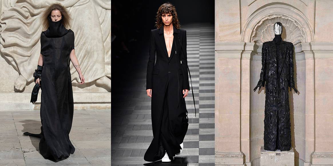 ”Dunkle Mode” von Rick Owens FS22, Ann Demeulemeester HW22 und Olivier Theyskens FS 23. Bild: Catwalkpictures