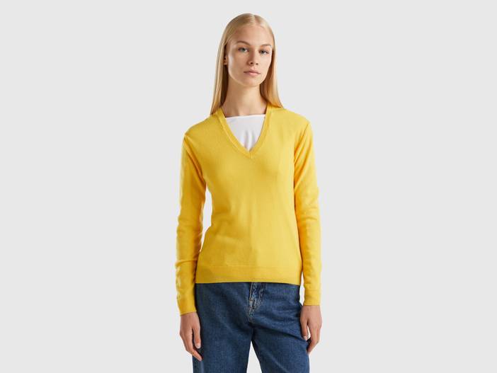 Benetton, Pullover Aus Reiner Schurwolle In Gelb Mit V-ausschnitt, größe L, Gelb, female | United Colors of Benetton