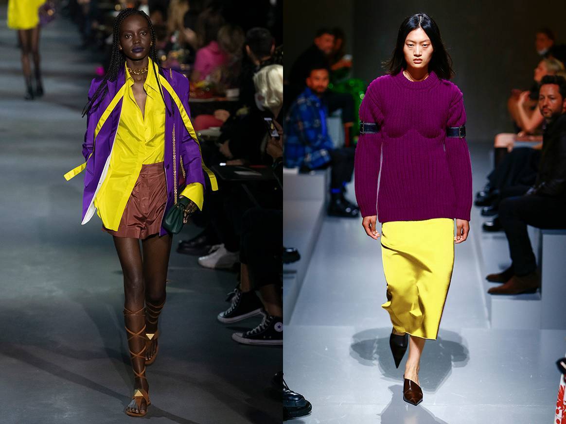 Aquí se ven colores complementarios en la pasarela. Amarillo frente a morado en Valentino y Prada. Crédito: Valentino SS22 y Prada SS22 vía Catwalkpictures.com.