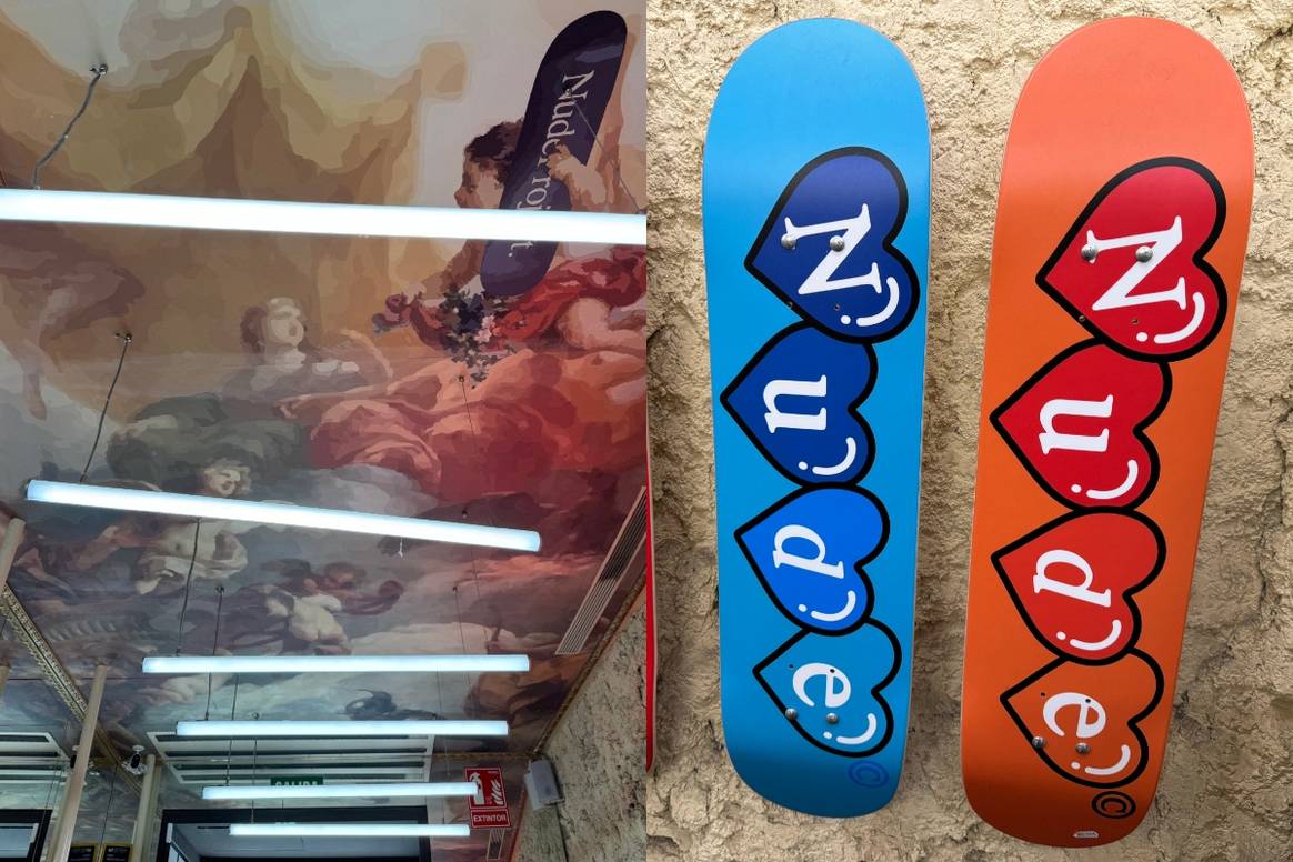 Madrid store by Nude Project: ceiling painting and
skateboards