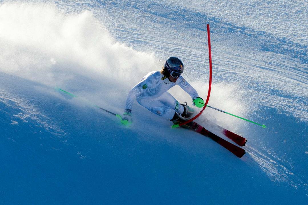 Lucas Pinheiro Braathen wearing the Team Brazil alpine ski race suit for the Winter Games Milano Cortina 2026 by Moncler