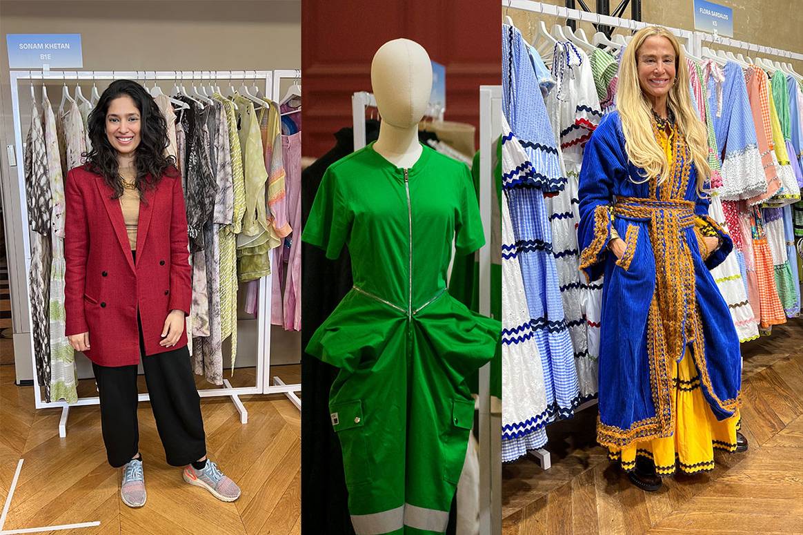 Auf der linken Seite: Sonam Khetam. Rechts, Flora Sardalos. In der Mitte: Mossi-Kleid. Bild: Florence Julienne & Tranoi.