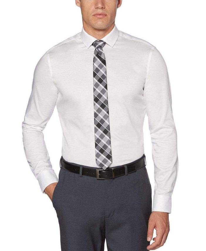 Men's Very Slim Fit Non-Iron Solid Dress Shirt in White, Size 17.5/34-35, 100% Cotton | Perry Ellis