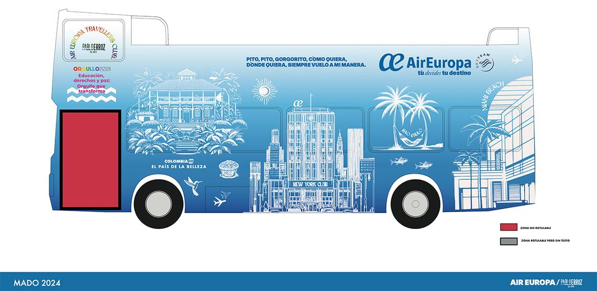 Carroza de Air Europa diseñada por Pablo Erroz para el desfile de las fiestas del Orgullo 2024 de Madrid (España).