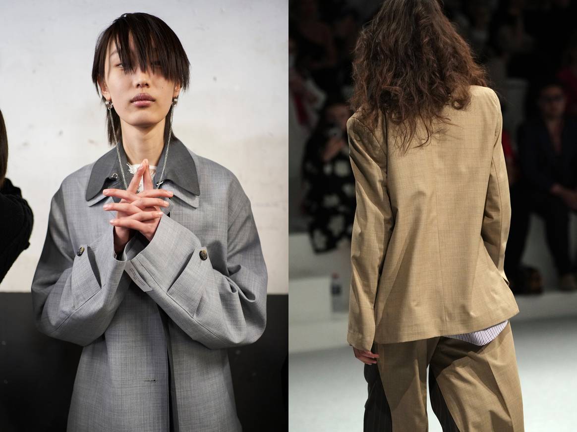 Here you can see woven garments on the catwalk. A grey woven trench coat by the brand Rokh from the autumn/winter 2023 collection (left) and a woven jacket and matching trousers by the brand Late for Work from the autumn/winter 2023 collection (right). Credit: Launchmetrics Spotlight.