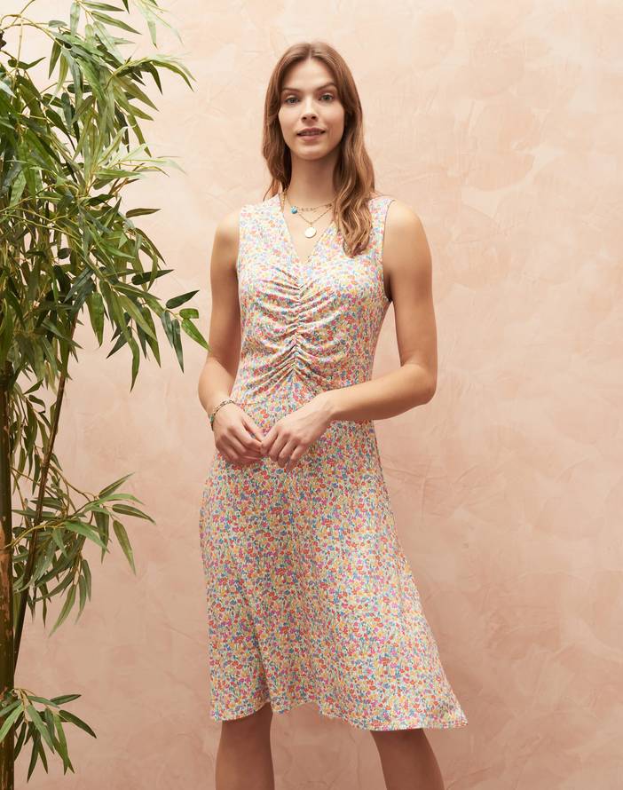 Liberty Print Jersey Ruched Dress Rainbow posy | Brora