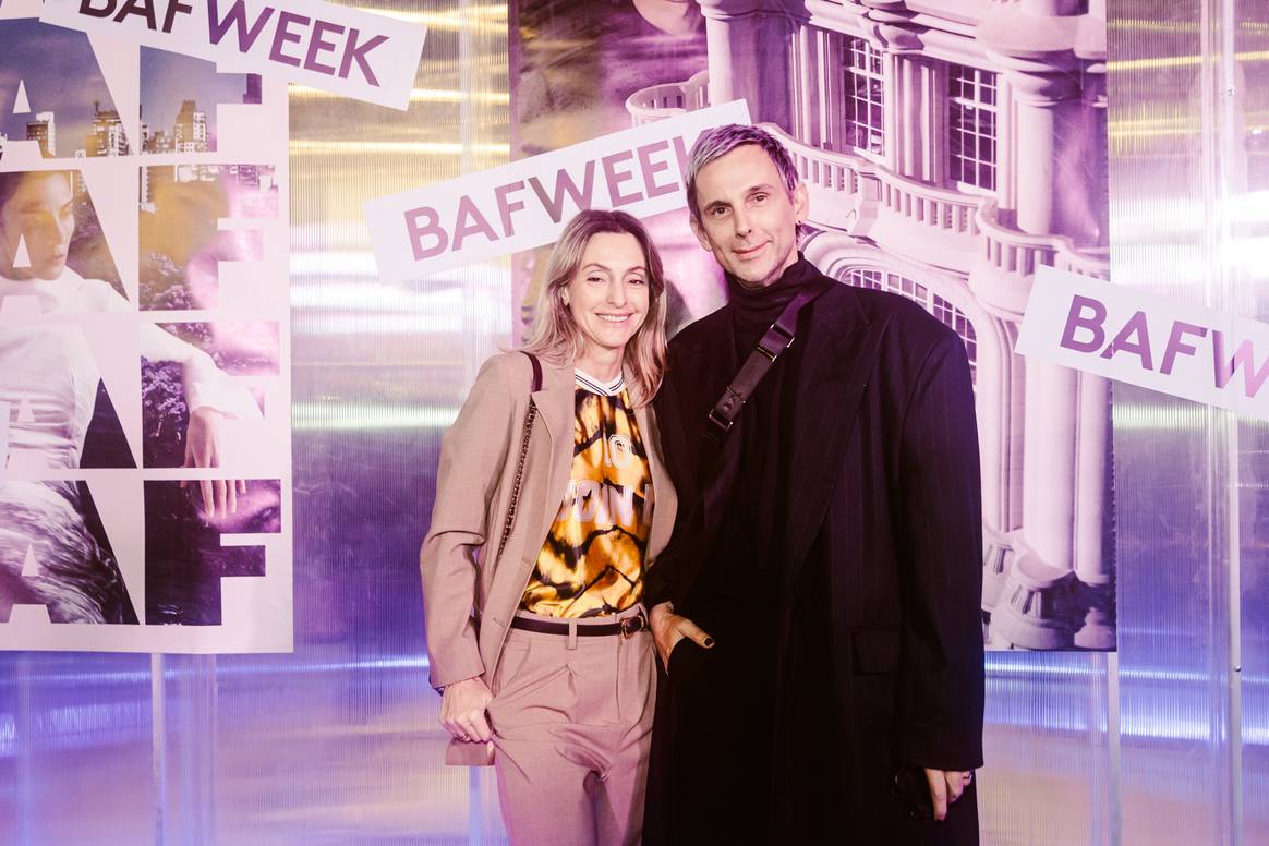 Cynthia Kern (Kosiuko) y Fabián Paz (Pucheta Paz) en la presentación de Bafweek SS24/25