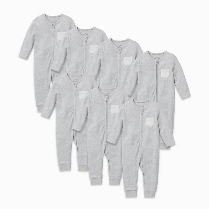 Clever Baby Zip Baby Sleepsuit 7 Pack, Baby Boy/Baby Girl, Grey, Allergy Friendly Organic Cotton | Mori