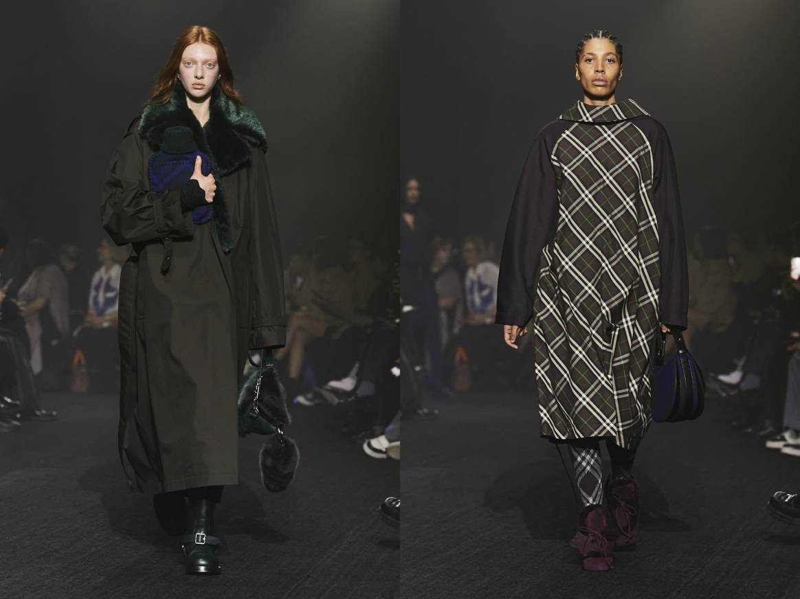 Een geruite kruik en omgekeerde trenchcoat bij Burberry FW23. Beeld: Launchmetrics Spotlight