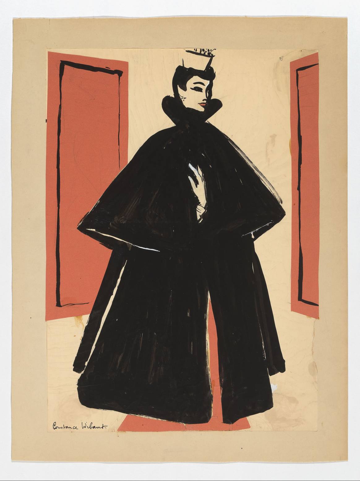 Modetekening van avondmantel Balenciaga van côtelé, getoond door mannequin Luki, Constance Wibaut (1920-2014), Voorjaar 1955, no. 130, Kunstmuseum Den Haag