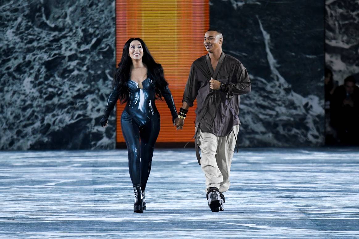 Cher and Olivier Rousteing at the SS23 Balmain collection presentation. Photo by Julien de Rosa /AFP