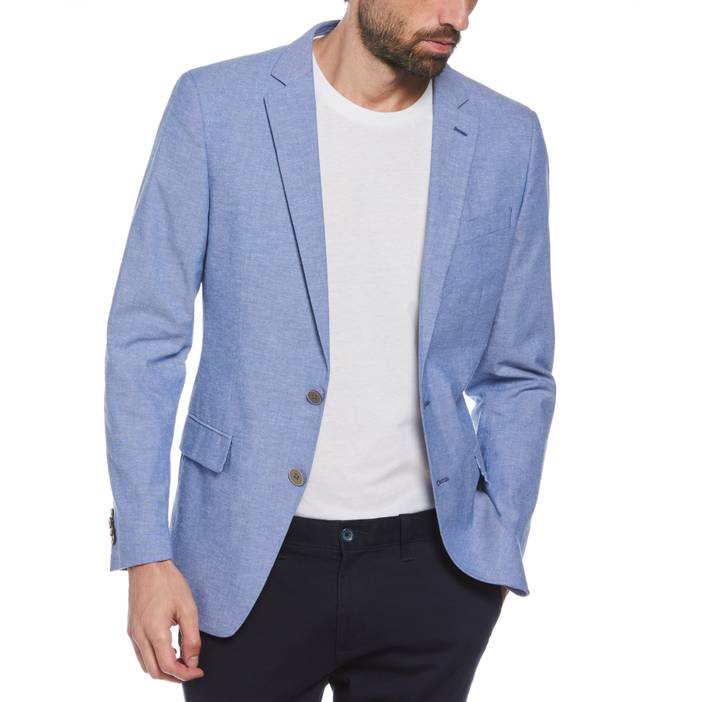 Men's Blue Plaid Linen Blend Chambray Blazer | Original Penguin