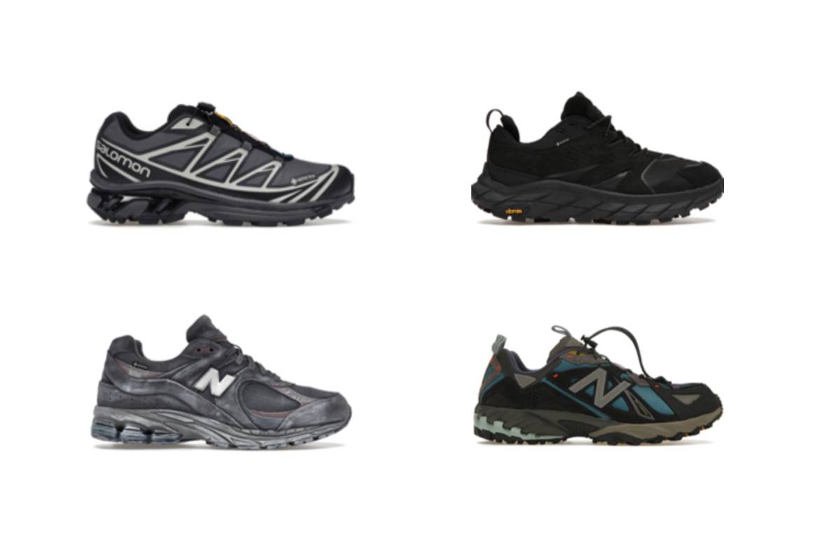 V. l. n. r.: Salomon XT-6 Gore-Tex, New Balance 2002R, New Balance 610, Hoka One One Anacapa Low Gore-Tex. Bild: StockX