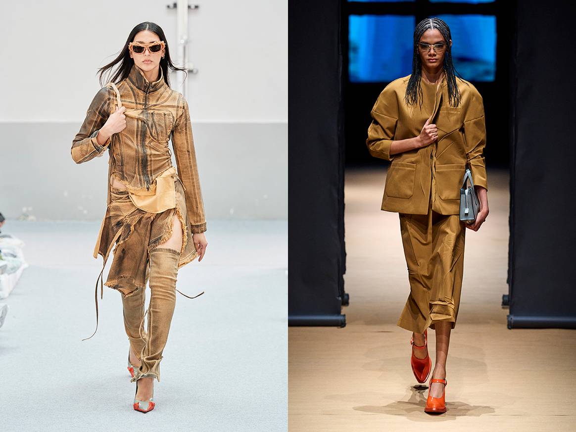 Links: Ottolinger, Spring SS23, Ready to Wear show in Paris. Rechts: Prada, Spring SS23, Ready to Wear show in Milaan. Beeld: Launchmetrics Spotlight.