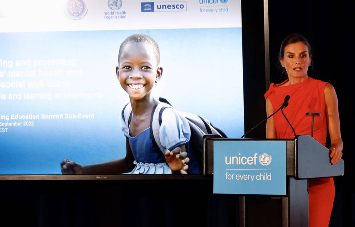 Photo Credits: La reina Letizia de España durante su intervención en la reunión de alto nivel organizada por Unicef, la Unesco y la OMS. Casa de S.M. el Rey, fotografía de cortesía.