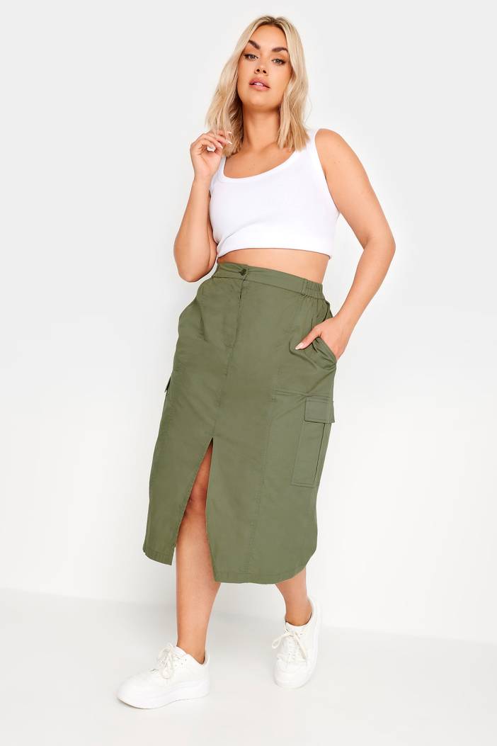 Midi Cargorok Met Splitdetail In Kakigroen, Dames Curve & Grote Maten Kleding, Yours | Yours
