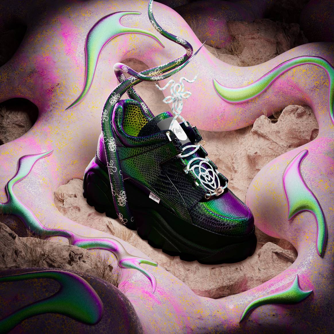 De NFT-sneaker, voortkomend uit de samenwerking tussen The Fabricant en Buffalo London. Credit: The Fabricant, Buffalo London
