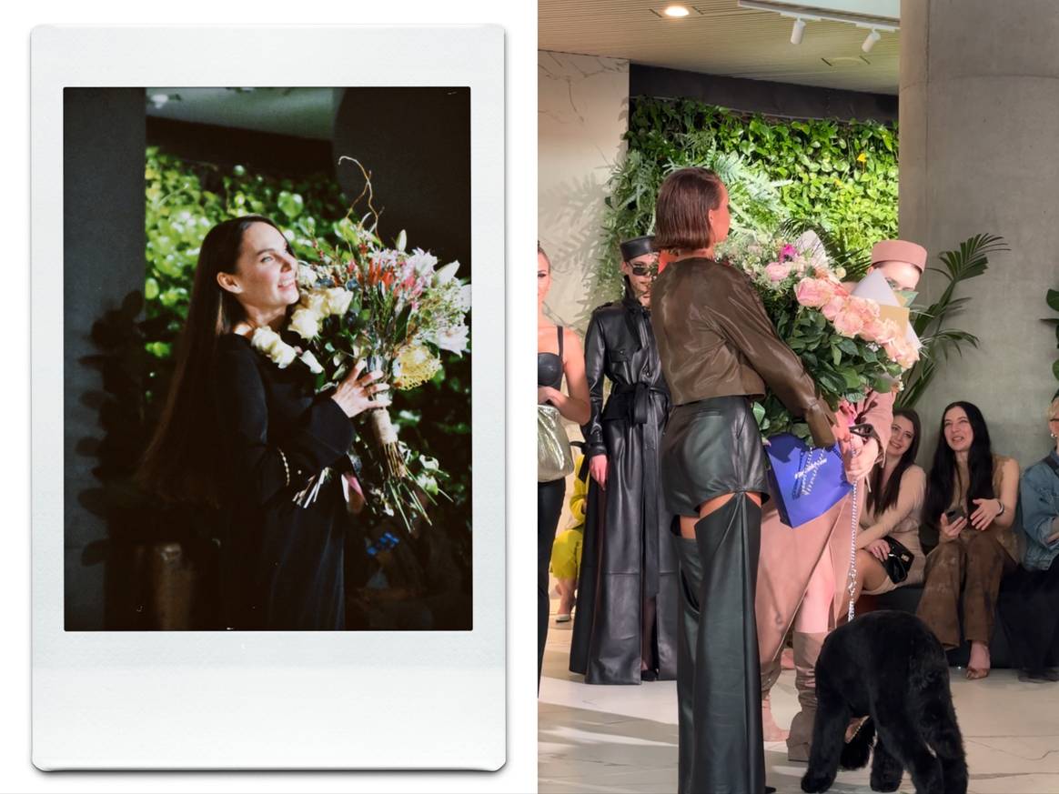 Designer Anna Kruz (left) at the end of her show at Riga Fashion Week.