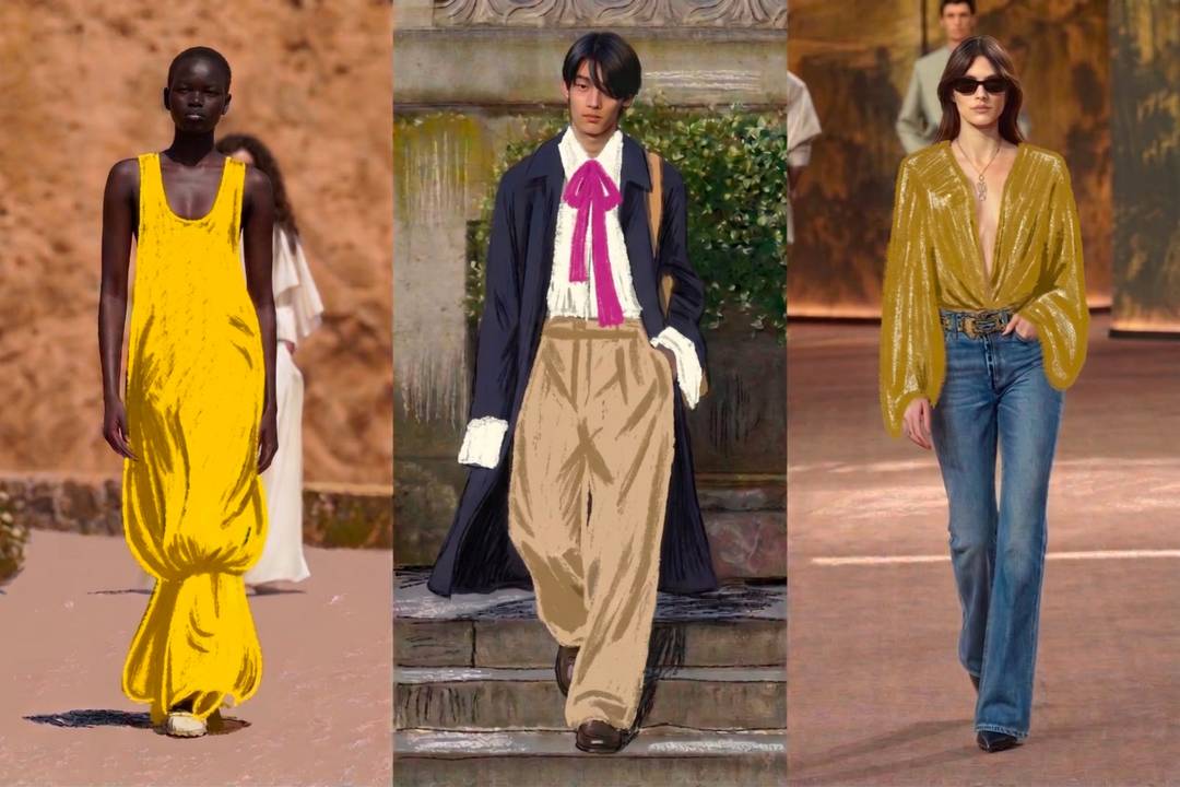 (Da sin. a dx.) Jacquemus Pe 27 - Ready to Wear, Dior Men Pe 27 - Menswear, Amiri primavera estate 2027, Menswear. ©Launchmetrics/spotlight | Le foto di moda sono state modificate digitalmente con tratti minimalisti di gesso colorato su capi chiave