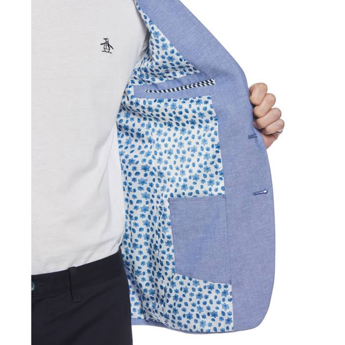 Men's Blue Plaid Linen Blend Chambray Blazer | Original Penguin