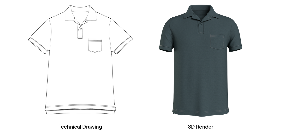 Image: a comparison between a technical drawing of a Polo Shirt and a 3D Render / Stitch