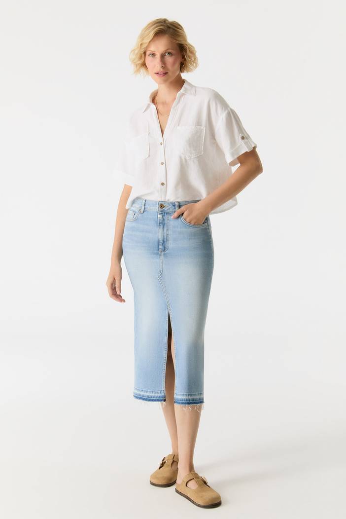 Evelyn Mid Waist 5 Pocket Long Skirt Light Blue Fringe | Cup of Joe (COJ) denim