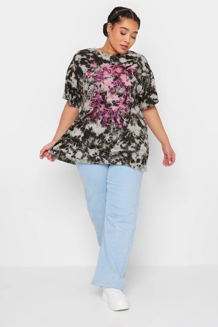 Tshirt Met Astrologie En Tiedyeprint In Zwart/Roze, Dames Curve & Grote Maten Kleding, Yours | Yours