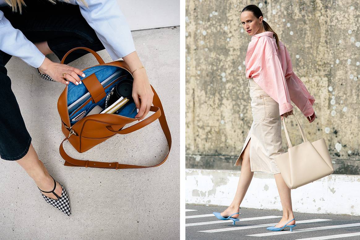 KAAI Bowler Cognac (links) en Midi Pyramid in Cream (rechts) – te koop bij Bijenkorf Amsterdam, Den Haag en online