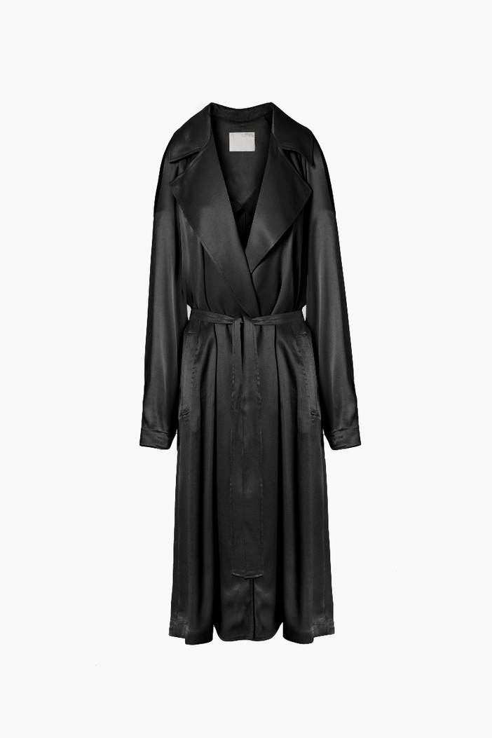 Black Belted Satin Trench Coat | A LINE