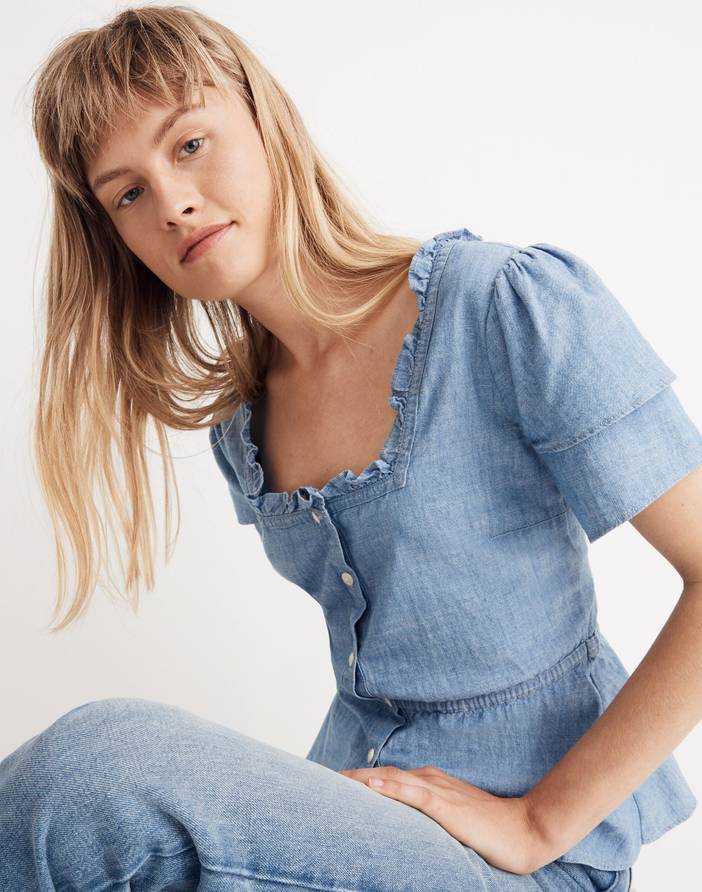 Chambray Ruffle-Sleeve Peplum Top | Madewell