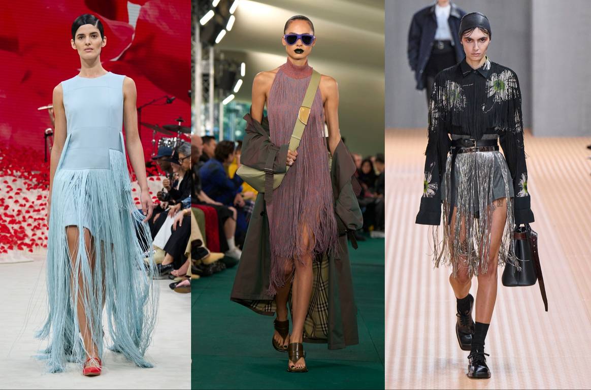 from left to right: fringes at Akris, Burberry and Prada