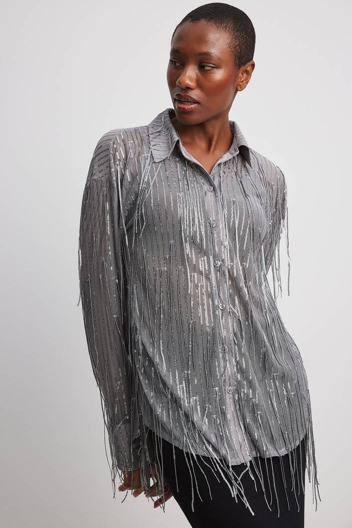 Shirt met pailletten en franjes | NA-KD