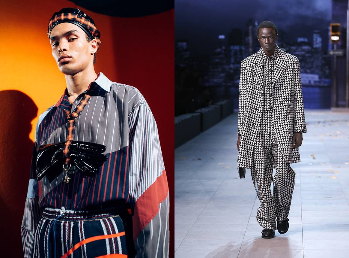 Twee silhouetten die te zien zullen zijn in ‘Voices of Fashion’. Links: Priya Ahluwalia, Frequency, A/W/ 2020. Foto: Dominika Scheibinger. Rechts: Louis Vuitton F/W 2019. Foto: Malick Bodian © Ludwig Bonnet / Java-Fashion.