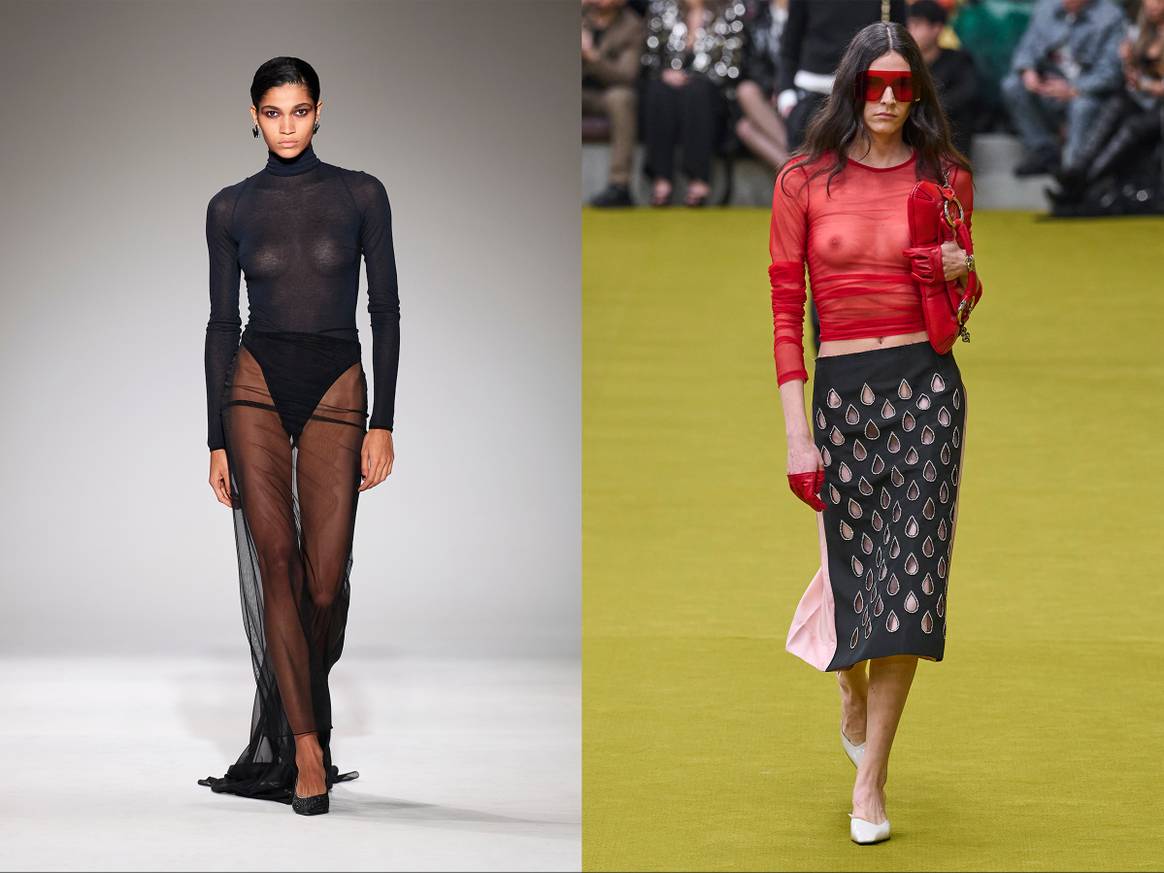 Links: Nensi Dojaka FW23 Ready to Wear show in Londen. Rechts: Gucci FW23 Ready to Wear show in Milaan. Beeld: Launchmetrics Spotlight.