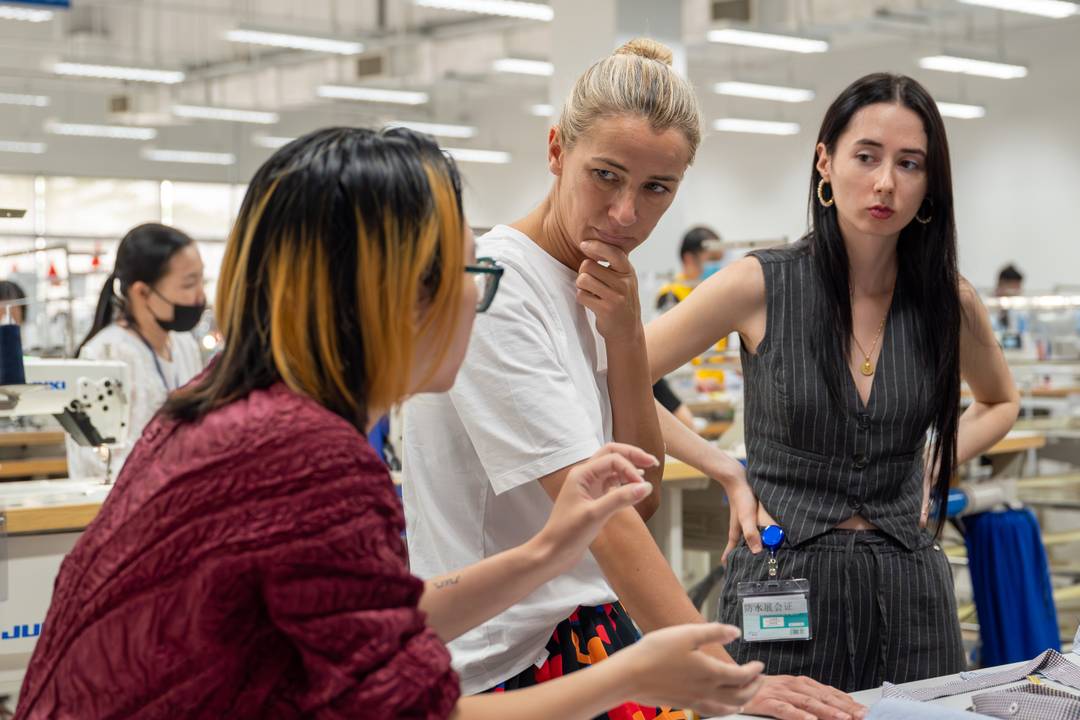 Christina Dean and Silvia Acien Parrilla with Redress Alum Ngoc Ha Thu Le during the Redress x TAL Design Challenge.