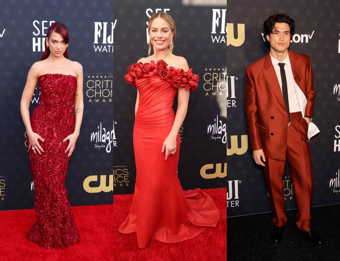 Dua Lipa in Prada, Margot Robbie in Balmain and Charles Melton in Valentino.