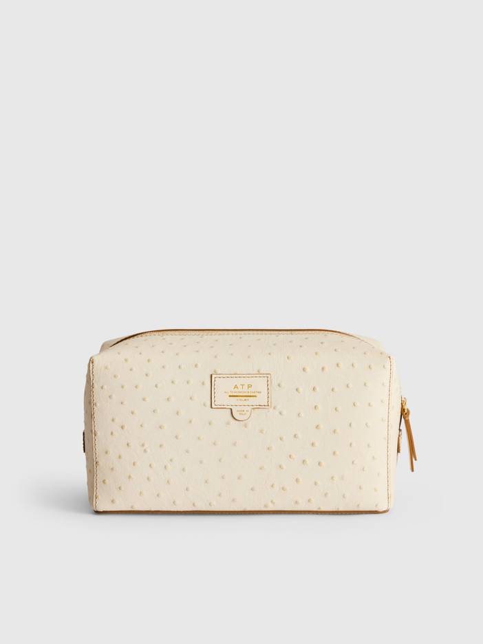 Pomaia Linen Printed Ostrich Beauty Bag | ATP Atelier