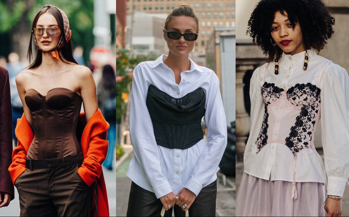 Corsetten en bustiers gespot op straat. Street style in Milaan, Parijs en New York. Credit: Nick Leuze (links en midden), NYFW/ David Dee Delgado / Getty Images North America / Getty Images via AFP (rechts).