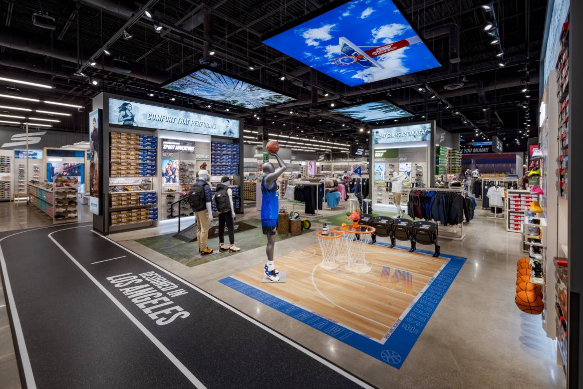 The new Skechers Performance store interior at Miami’s Dolphin Mall showcases the brand’s innovations and comfort technologies across multiple sports, including basketball