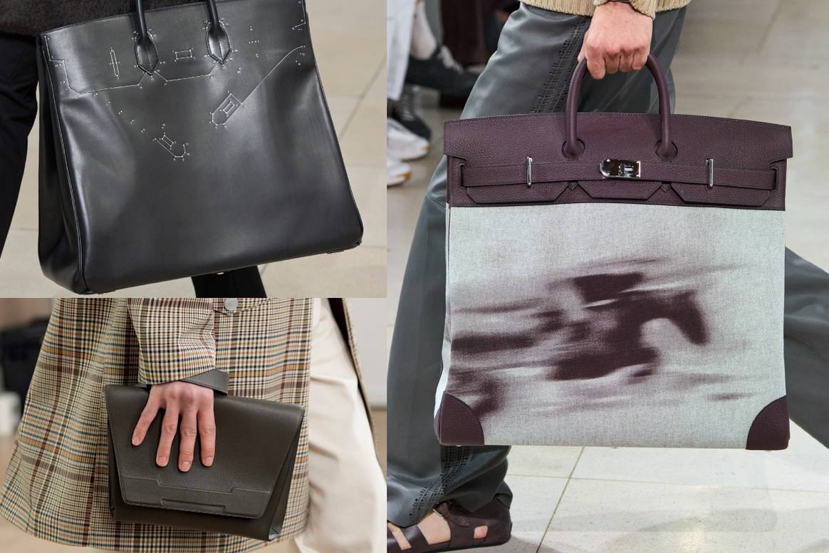 Auswahl an Hermès-Taschen, die bei Menswear-Shows präsentiert wurden