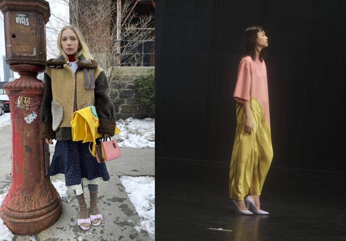 Links:
gedurfde styling bij Coach herfst-winter 2021-2022. Rechts: rijk geel en
roze bij Dries van Noten herfst-winter 2021-2022. Foto’s:
Catwalkpictures.
