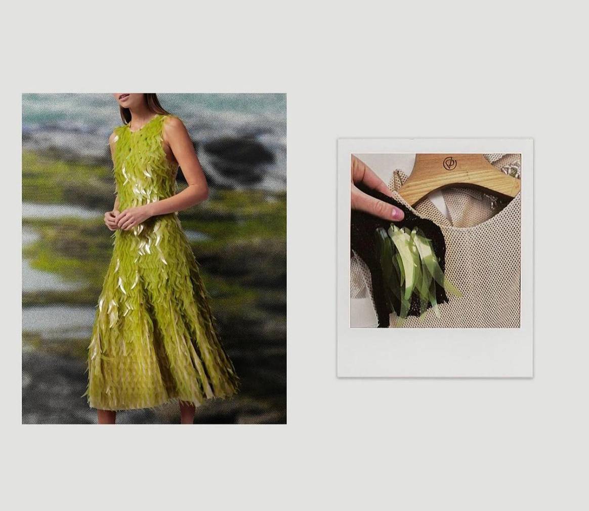 Vestido “Algae Sequin” de 2021 de Phillip Lim, confeccionado en colaboración con Charlotte McCurdy y de la compañía española Pyratex.