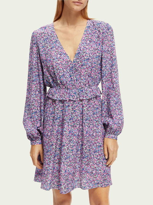 Mini-jurk met print, V-hals en lange mouwen | Scotch & Soda