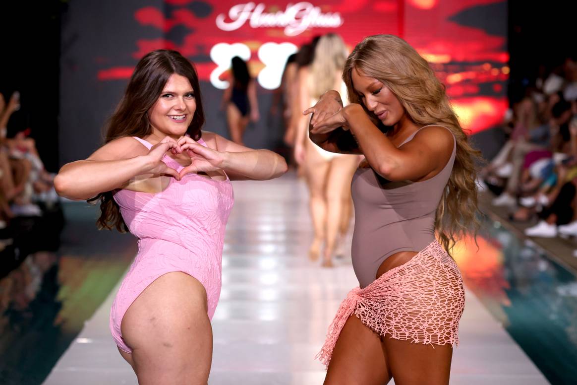 HeartGlass founder (left) Demi George at the finale of the brand's Miami Swim Week show, 2024.